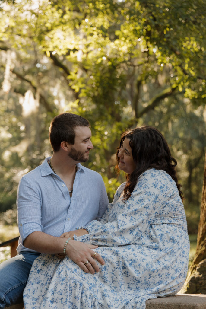 Close up engagement portrait with golden light at Sholom Park