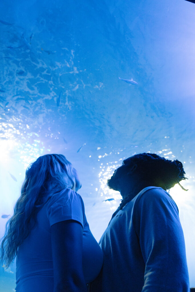 The couple poses together inside the aquarium in Sarasota.